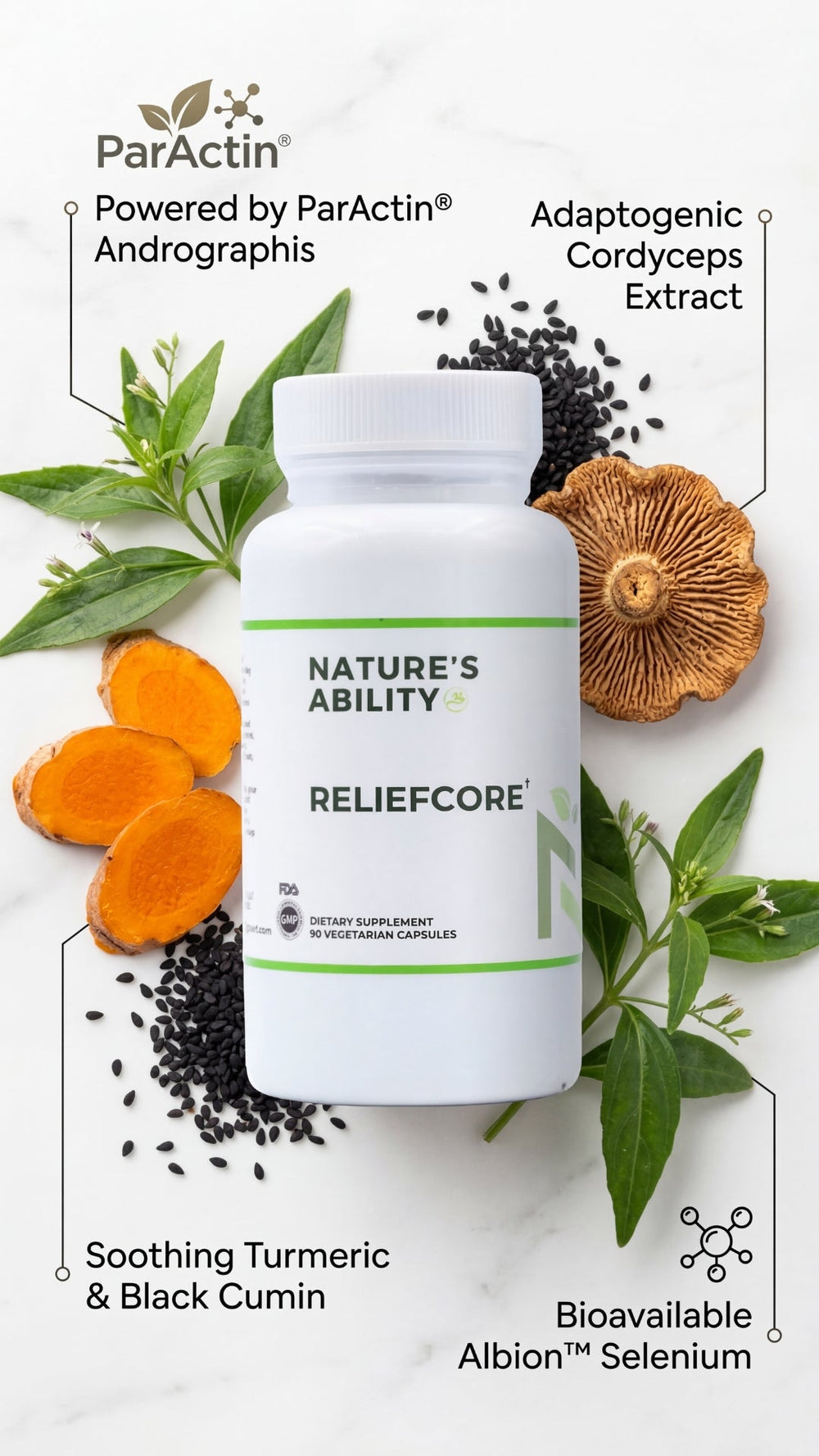 Nature's Ability Reliefcore supplement bottle with botanical elements on a light background