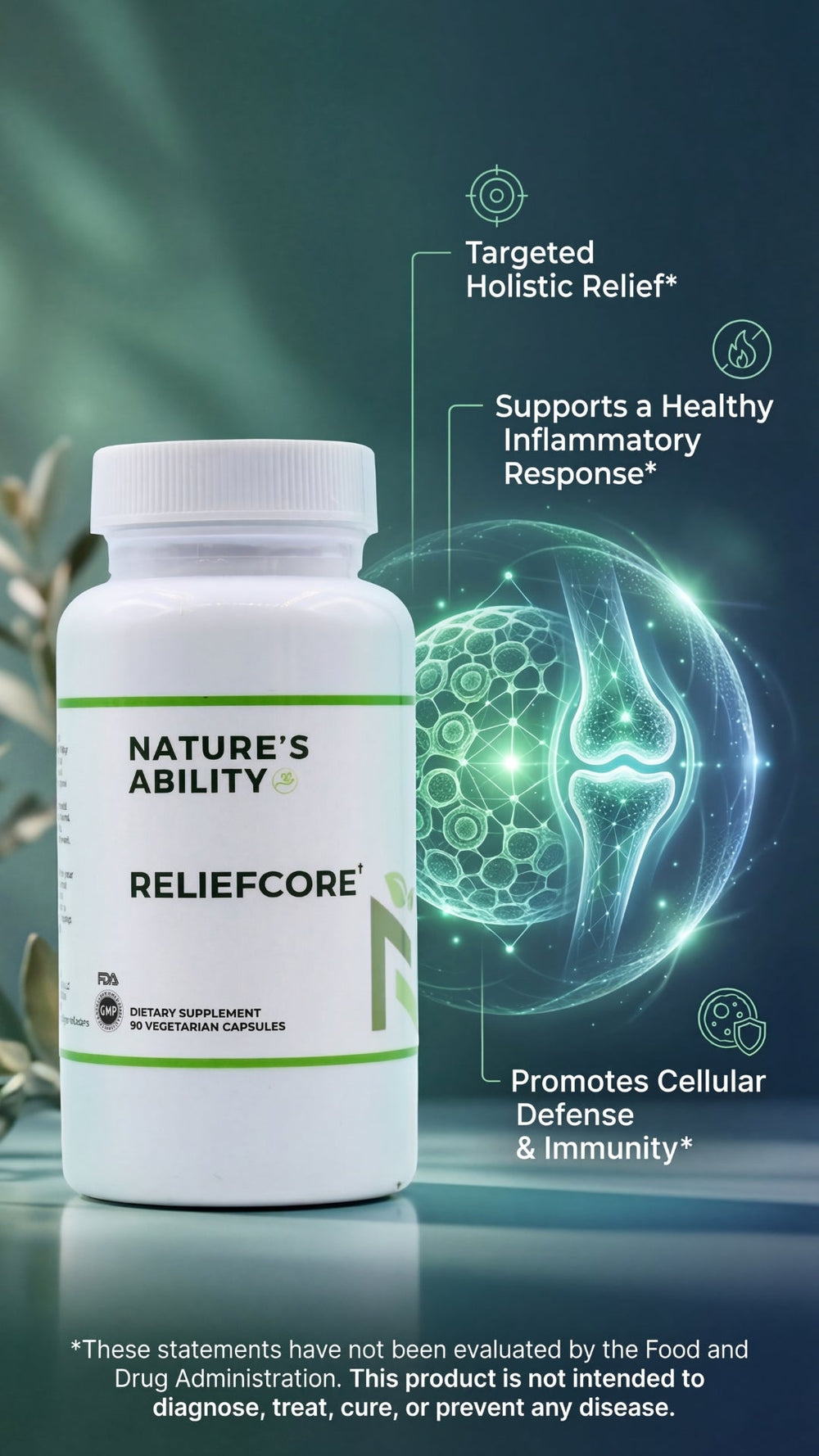Nature's Ability RELIEF CORE supplement bottle with green and white design on a blurred natural background