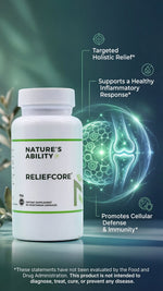 Nature's Ability RELIEF CORE supplement bottle with green and white design on a blurred natural background