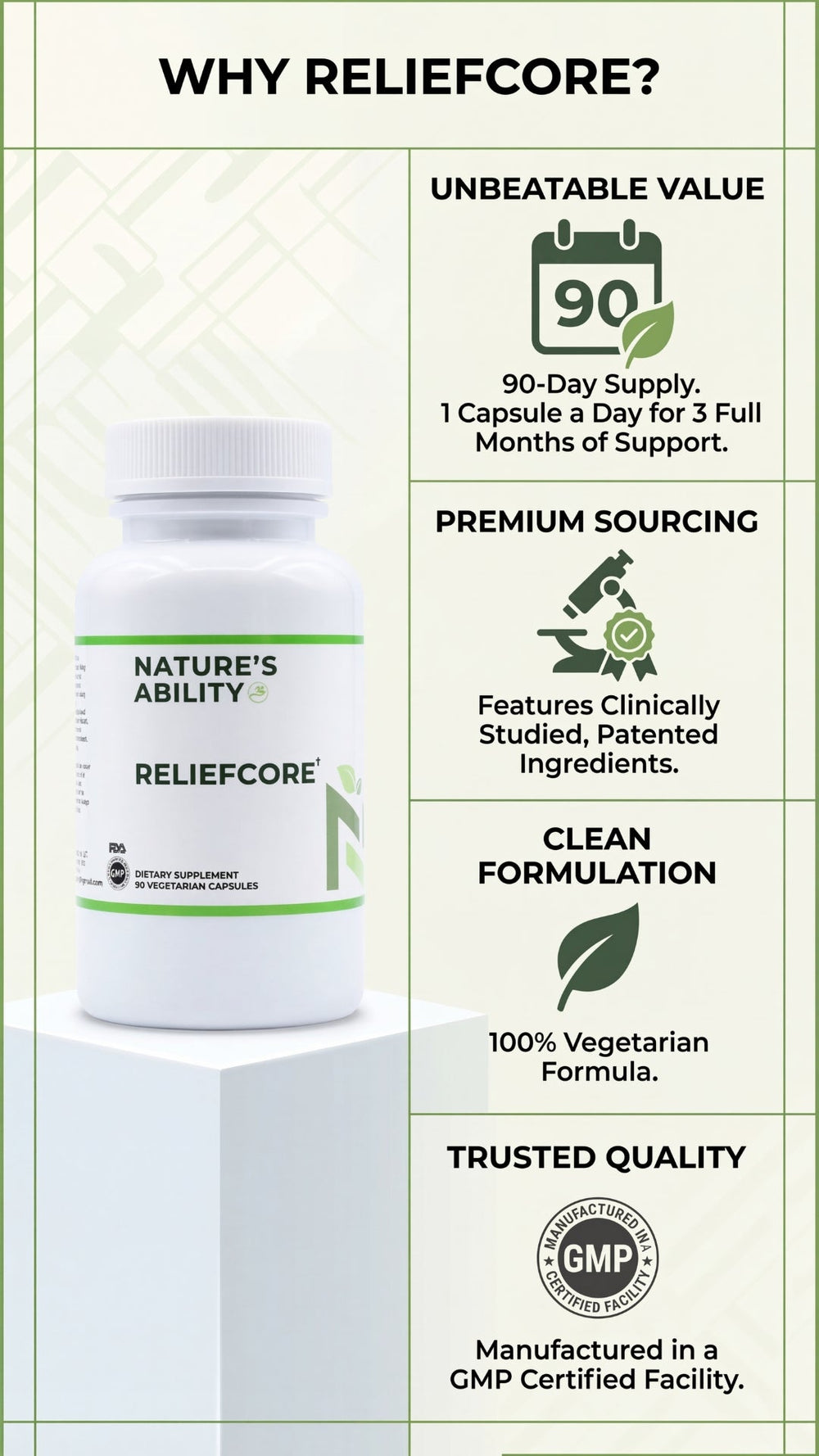 Nature's Ability Reliefcore supplement bottle with features listed on a white background