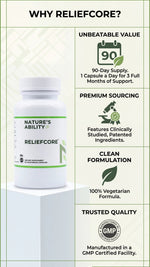 Nature's Ability Reliefcore supplement bottle with features listed on a white background