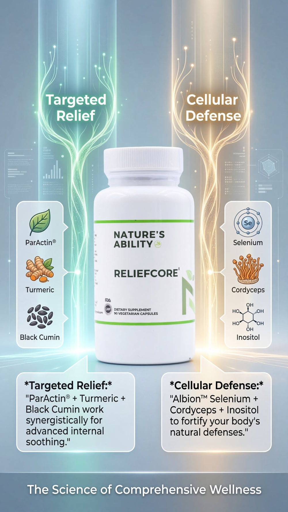 Nature's Ability Reliefcore supplement bottle with labeled ingredients and wellness benefits on a blue background