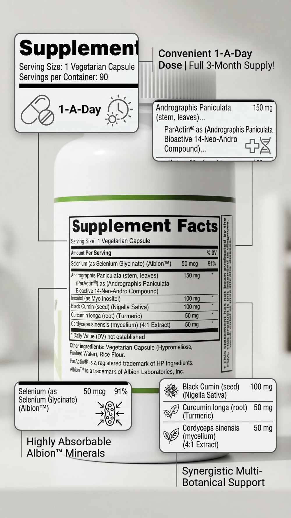 Supplement bottle with label showing supplement facts and ingredients on a white background
