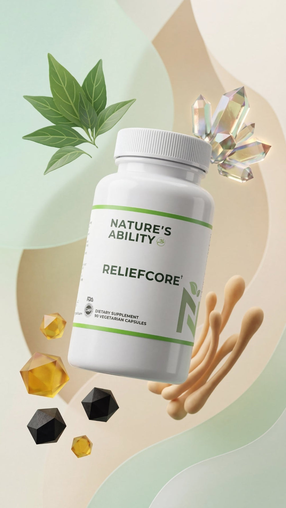 Nature's Ability Reliefcore supplement bottle with decorative elements on a light background