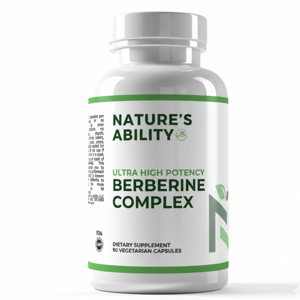 Nature’s Ability Berberine Herbal Complex supplement facts label with barberry, Oregon grape, and goldenseal extracts