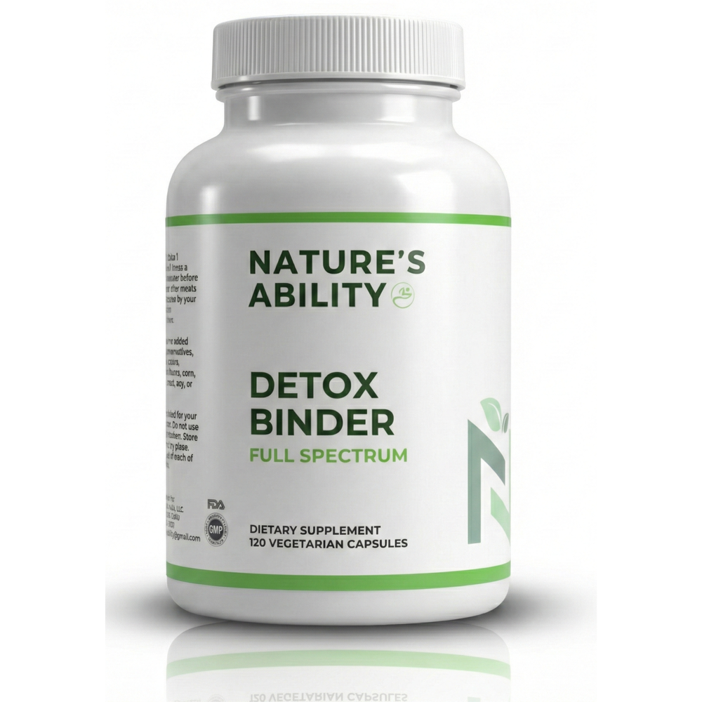 Nature’s Ability Full Spectrum Binder Blend supplement facts label with modified citrus pectin, shilajit, activated charcoal, silica, and molybdenum