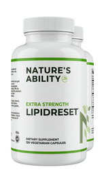 Nature's Ability Lipid Reset Extra Strength supplement facts label with red yeast rice, CoQ10, policosanol, guggul, and alpha lipoic acid