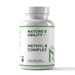 Nature’s Ability Methyl B Complex supplement facts label with methylated B vitamins, folate, B12, B6, choline, and TMG